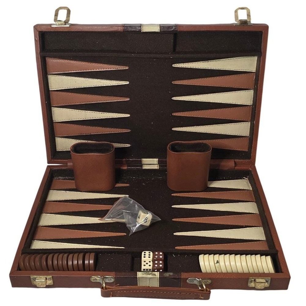 Vintage‎ Backgammon Game Set Faux Leather Case Dice Chips Made in Taiwan